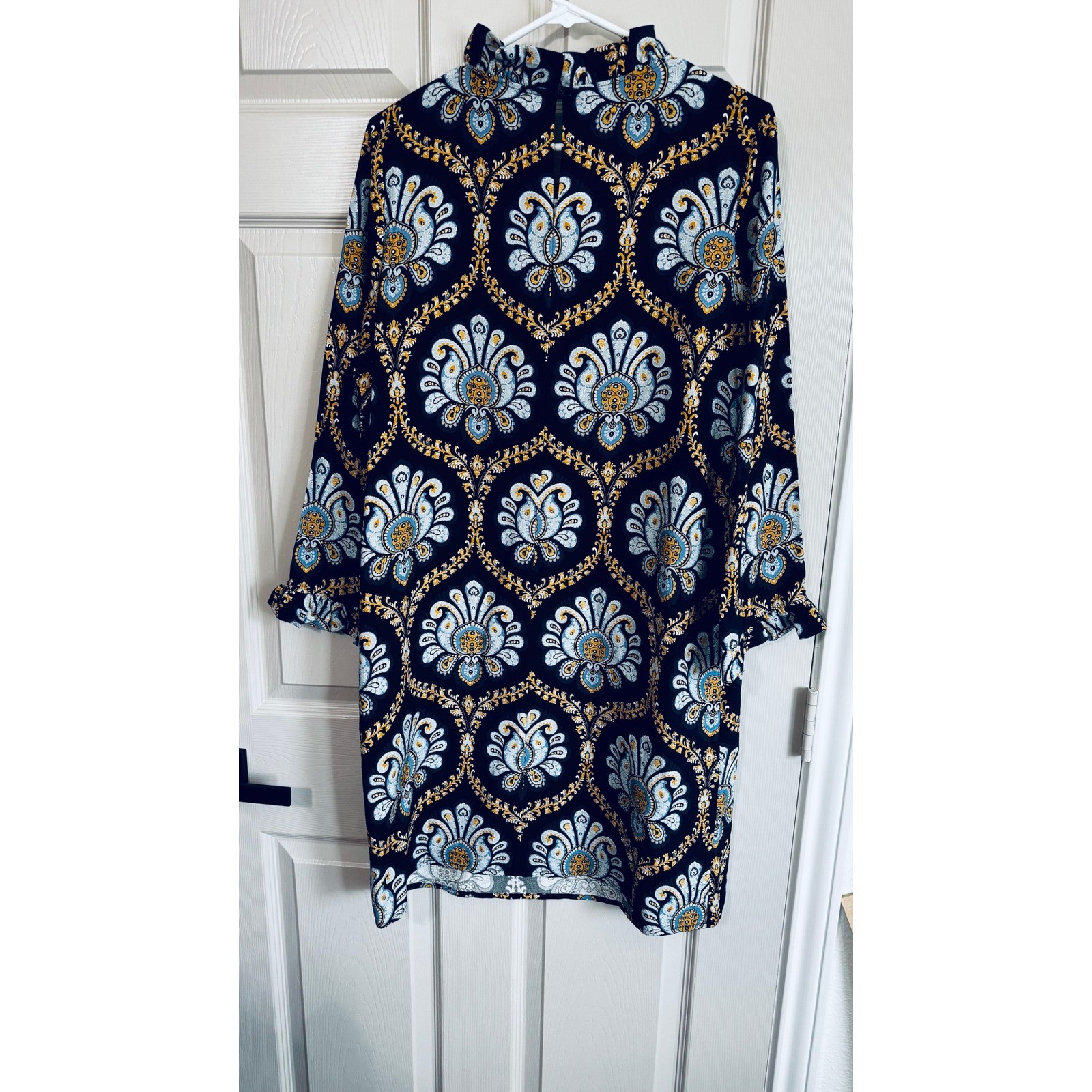 Boho Chic Shift Dress Size M Blue Gold Damask Medallion Ruffle Neck Regal Glam