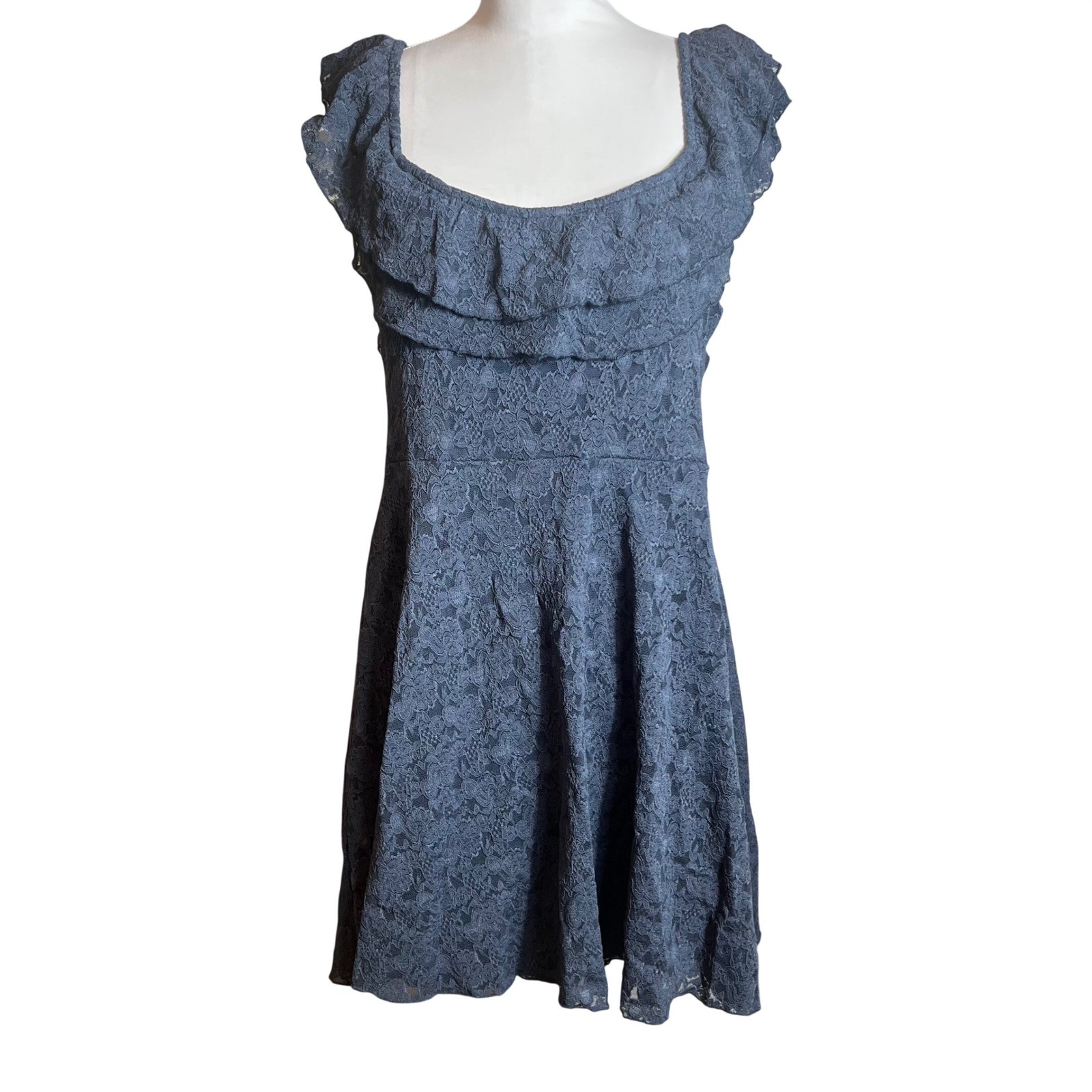 Arula Denim Blue Floral Lace Ruffle Scoop Neck Fit Flare Skater Dress Size B 2X