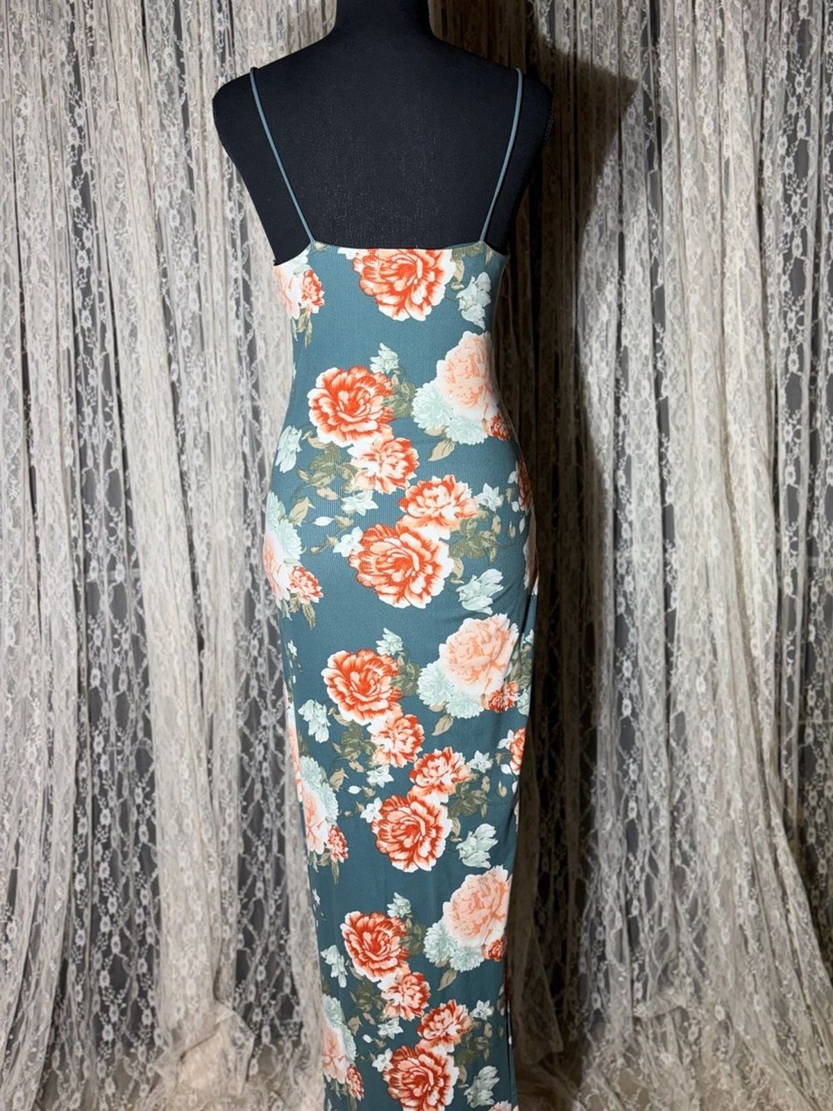 Floral Slip Maxi Dress — Teal with Coral Bloom