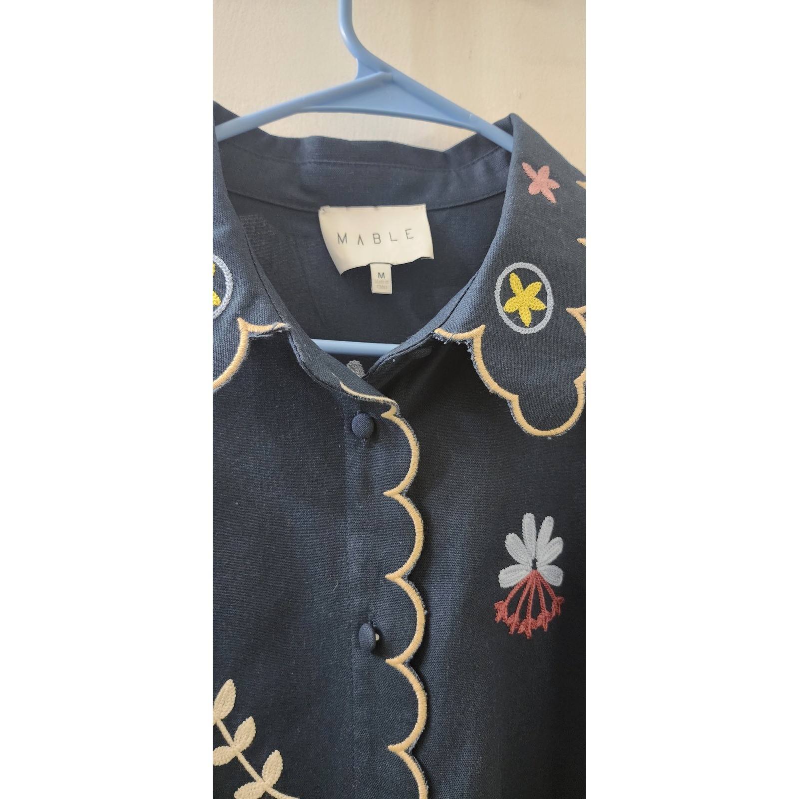 MABLE Navy Blue Embroidered Scalloped Linen Blend Mini Shirt Dress MD4896A M