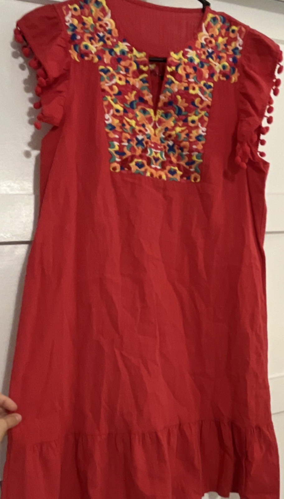 Red Embroidered Floral Shift Dress Short Sleeve Pom Pom Ruffle S Pullover