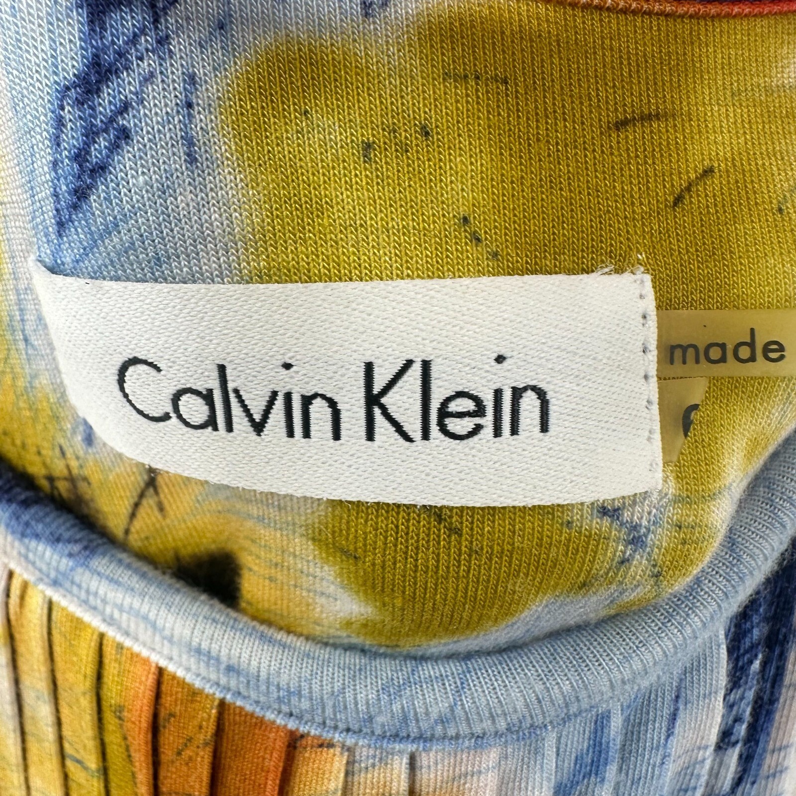 Calvin Klein Women Blue Yellow Abstract Floral Maxi Dress Empire Waist Stretch S