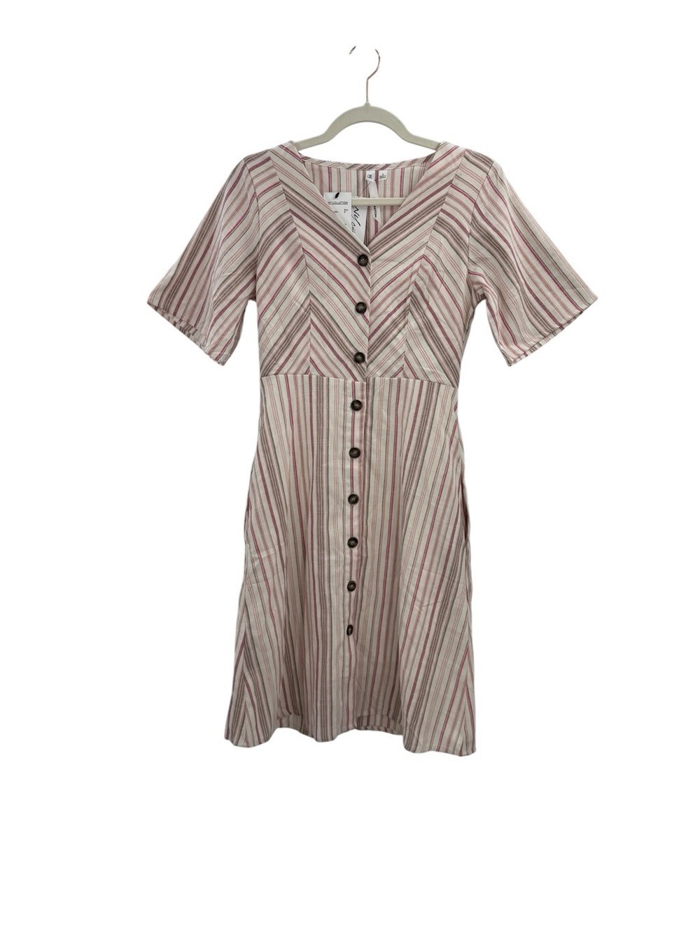 NWT Sleeveless Button Front Linen Blend Striped Dress Top in Pink & Cream