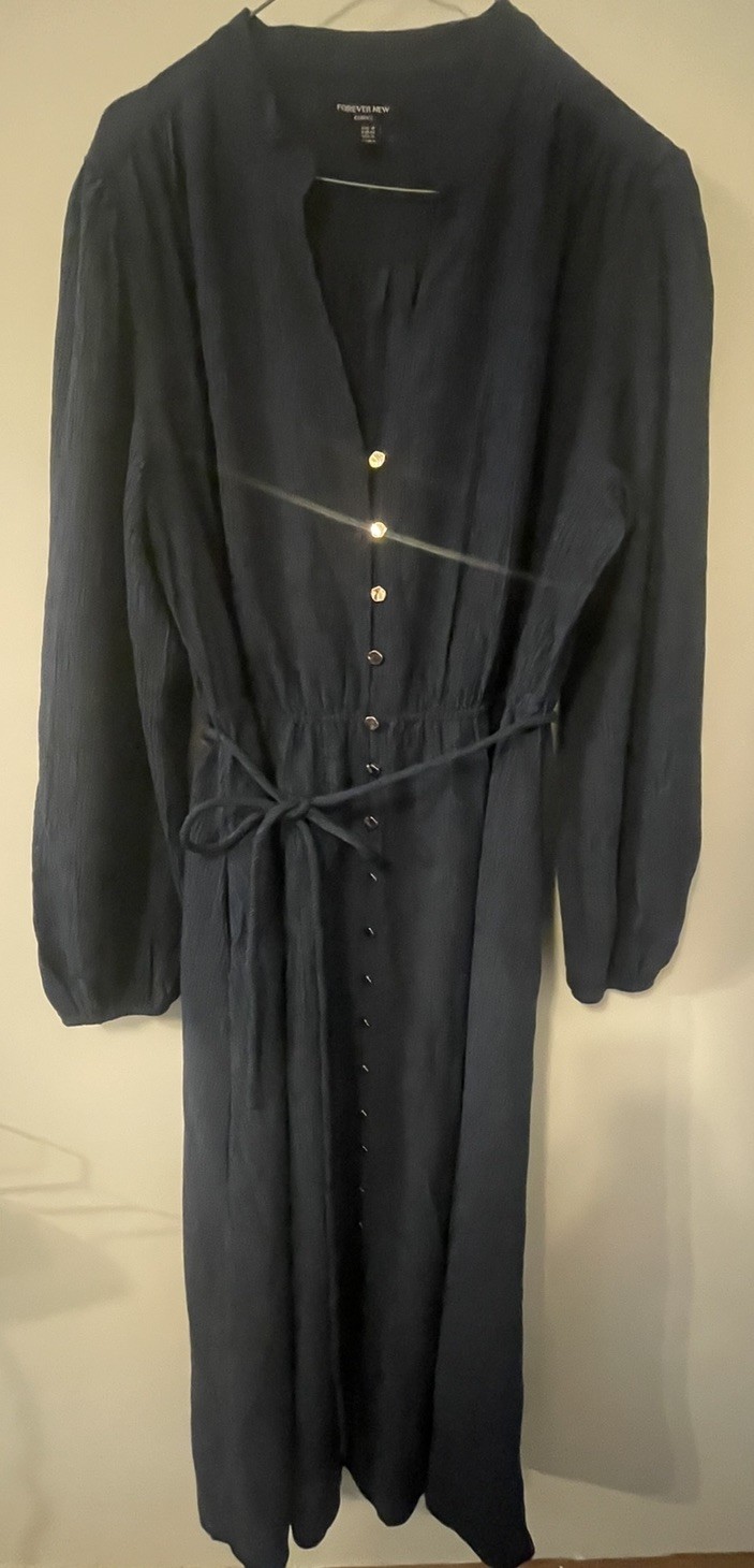 Forever New Curve Dress Sz 18 Navy Gold Buttons with Waist Tie