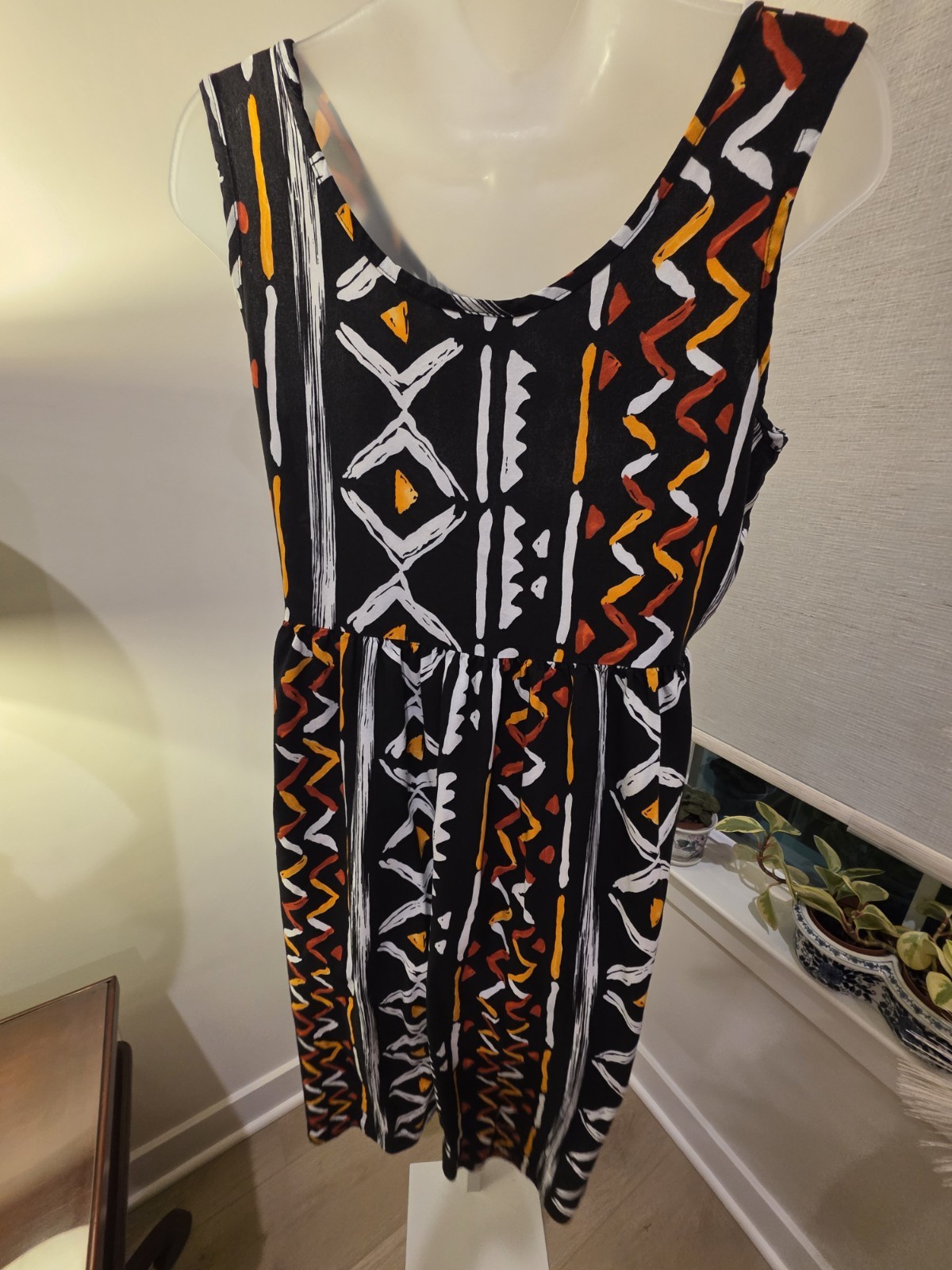 Midi Sun Dress Black Orange White Geometric Print Sleeveless M VTG