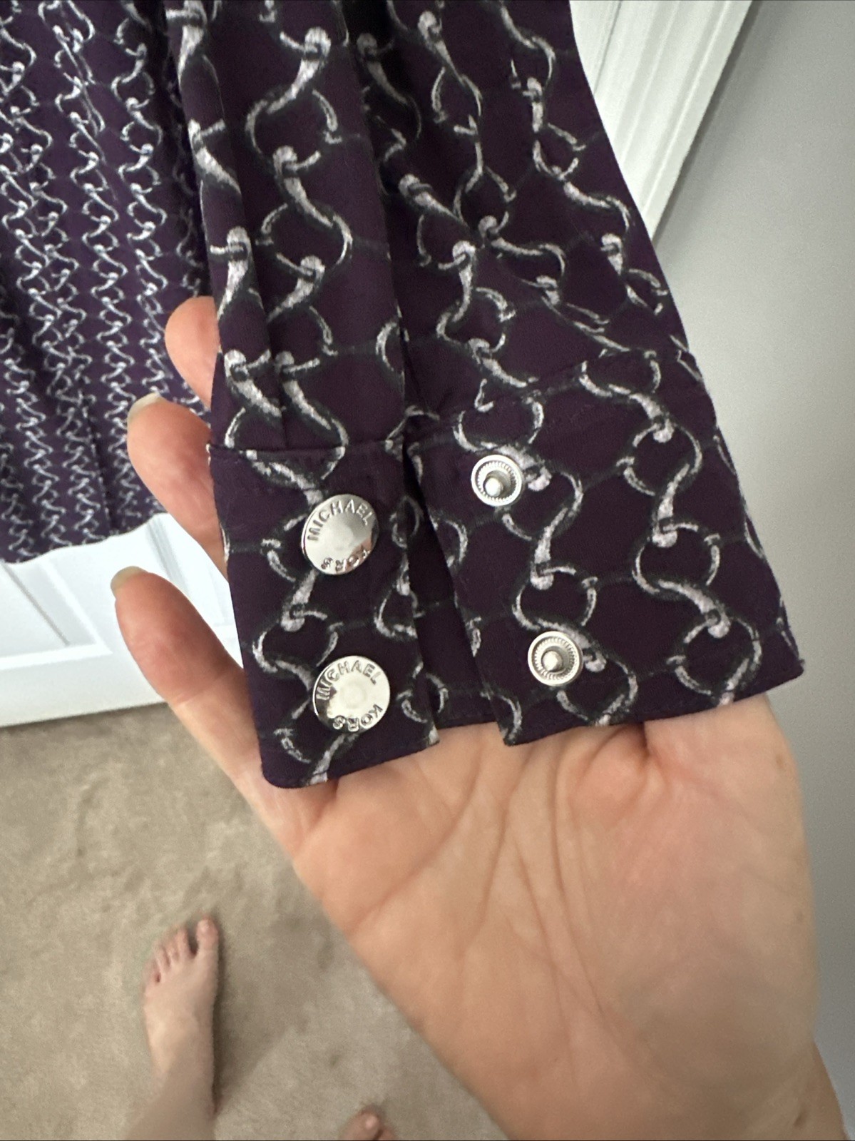 Michael Kors Women’s Midi Collard Dress Silver Chain Print Purple Long Sleeve-M