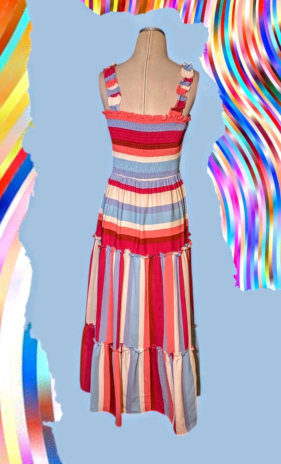 RAINBOW Striped SMOCKED Tank Maxi SUNDRESS Dress Peasant BOHO Women’s Medium
