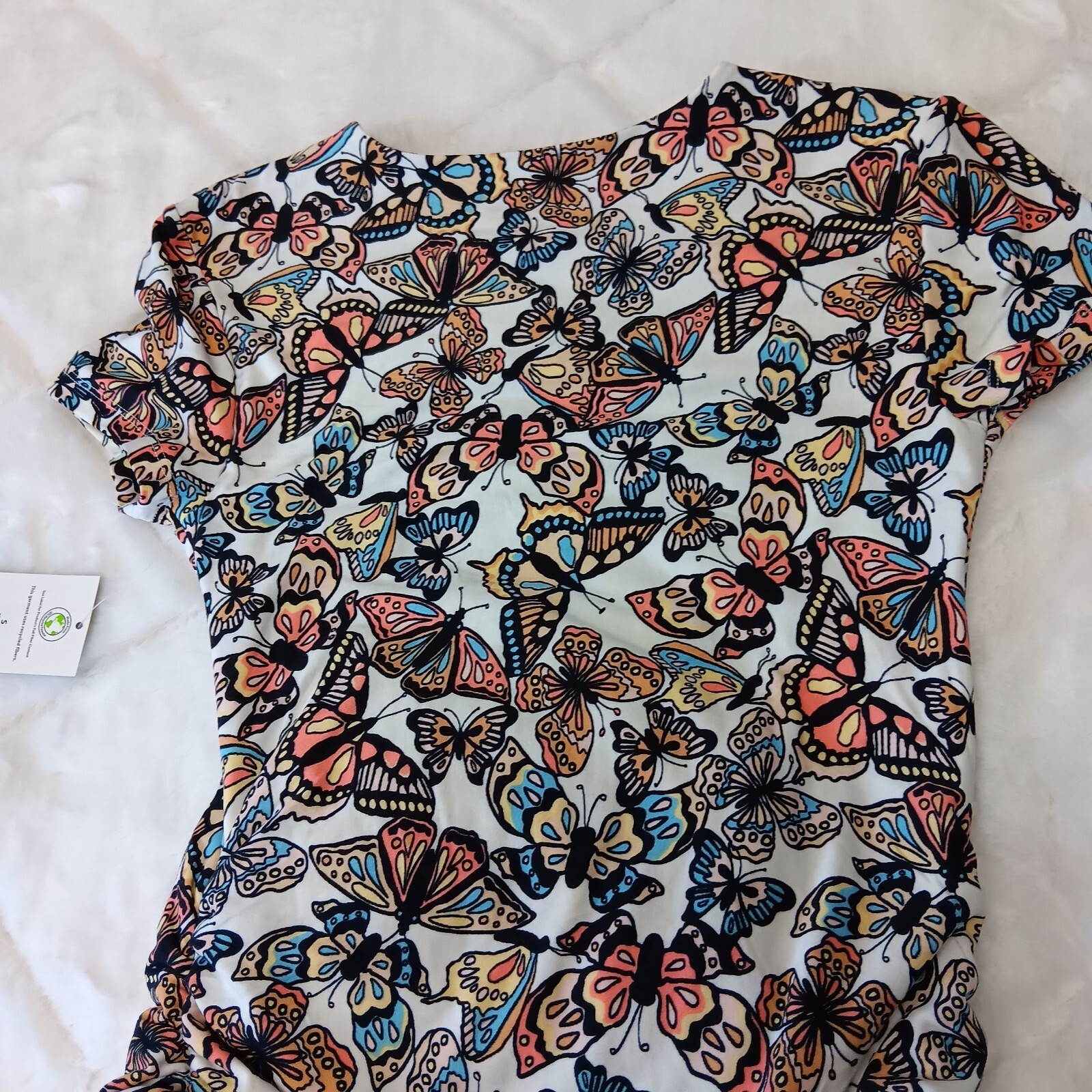 butterfly pattern winter white side ruched t-shirt dress jrs size medium