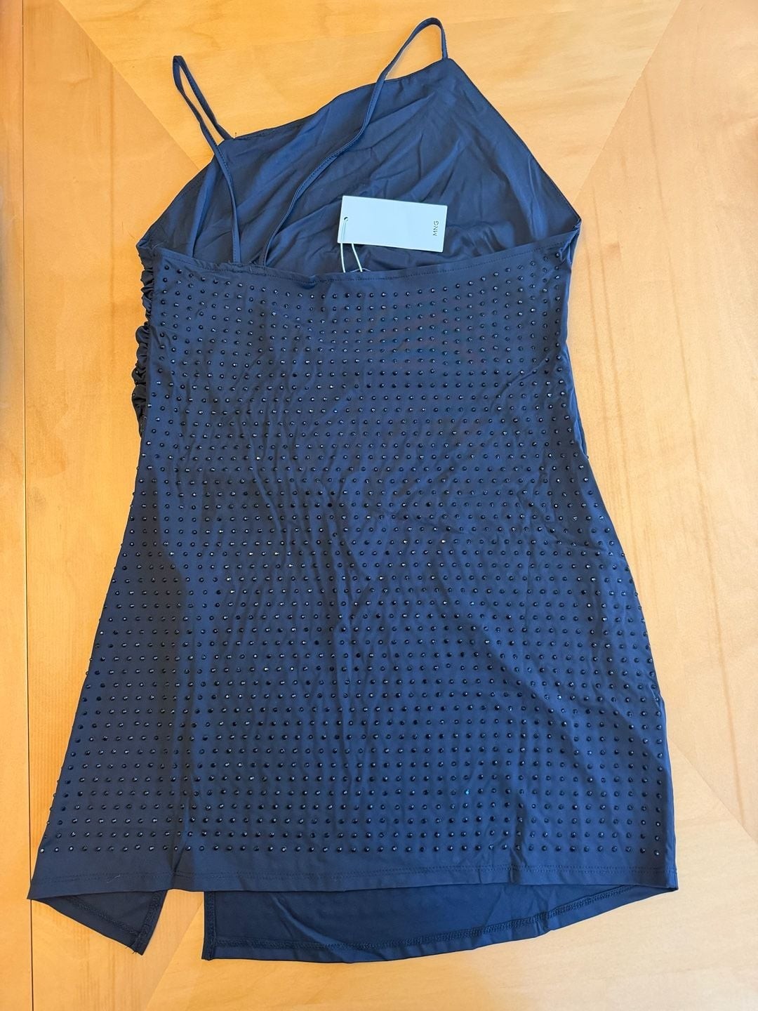 MNG Mango Dark Blue Crystal Embellished Draped Mini Dress
