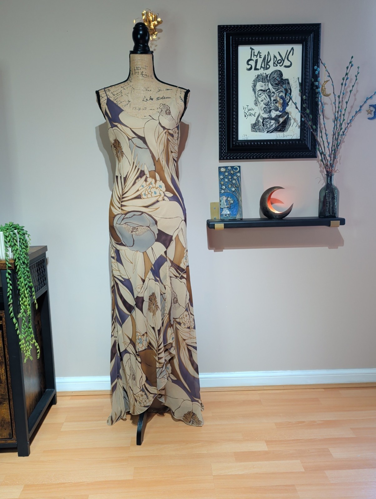 90s Y2K Monsoon 100% Silk Bias Cut Floral Long Slip Dress UK 14/16 (US 12)