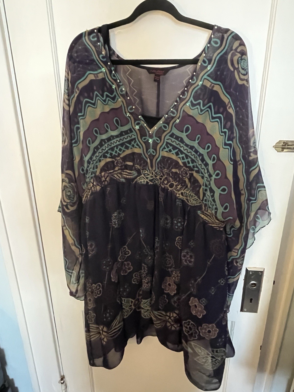 Zandra Rhodes Women’s US 18, Kimono Style Lined Dress. Sheer, Beaded Purple Blue