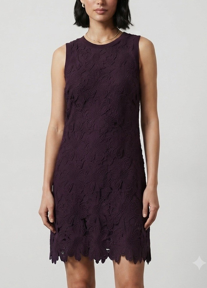 Karen Millen Plum Floral Lace Shift Dress, Size M (UK 12), Elegant Sleeveless