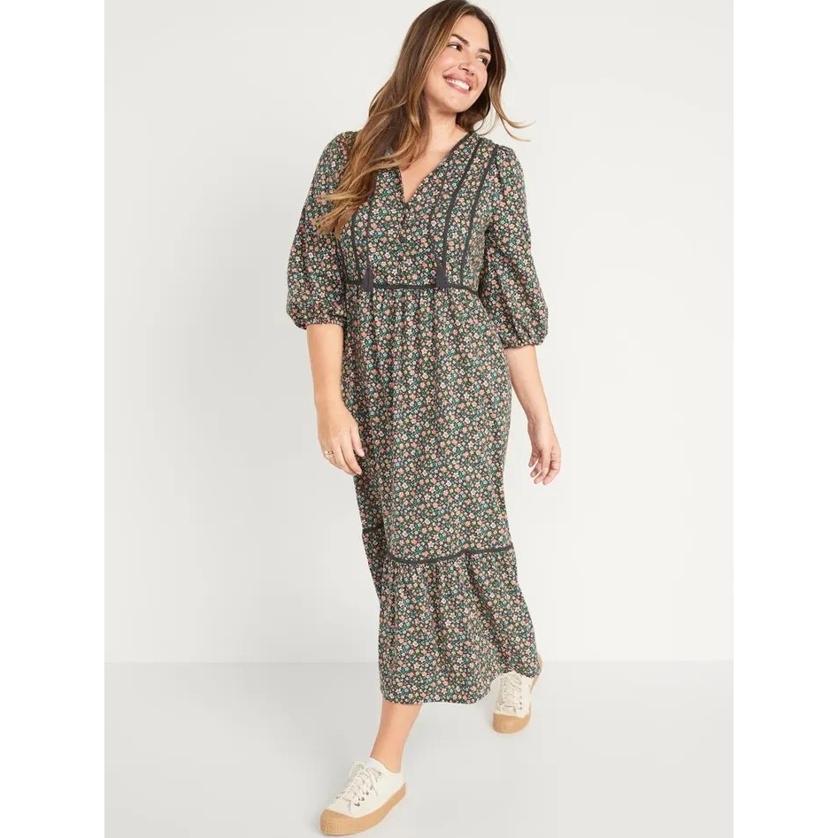 Old Navy Maxi Dress Women M Ditsy Floral Tiered Cottage Peasant Milkmaid Prairie
