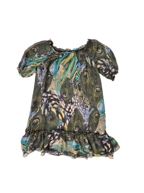 Belle Du Jour Mini Shift Dress M PEACOCK Feathers Ruffles BOHO Lined SUPER CUTE!