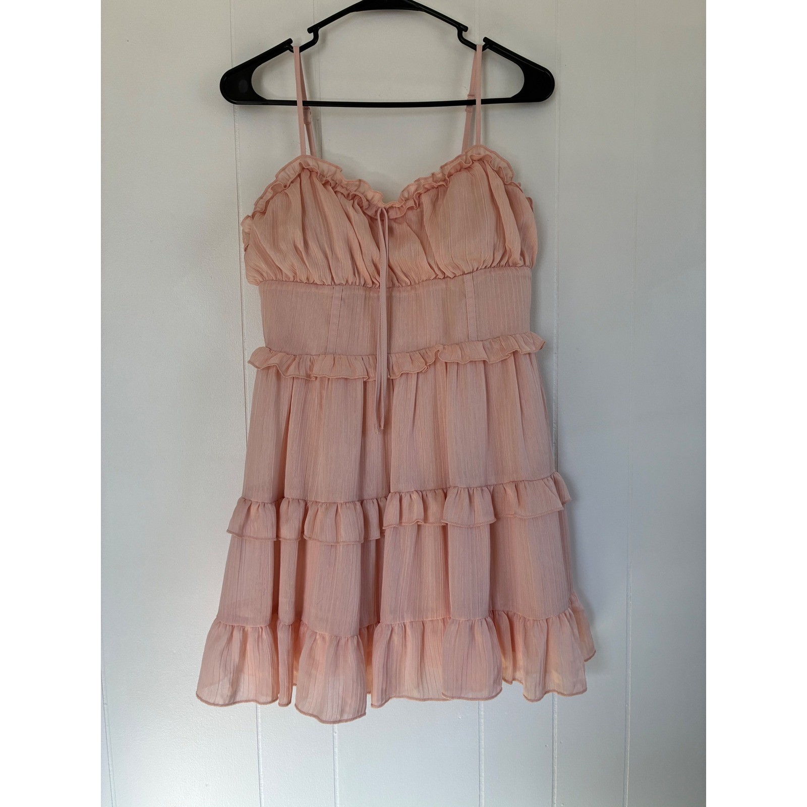 Pink Tiered Ruffle Mini Dress Smocked Back Sweetheart Neckline Cottagecore M
