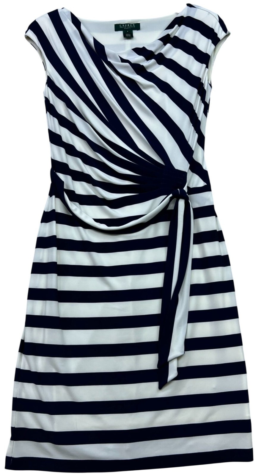 Ralph Lauren Womens Jersey Draped Cocktail Dress Cap Sleeve 4 Navy White Stripe