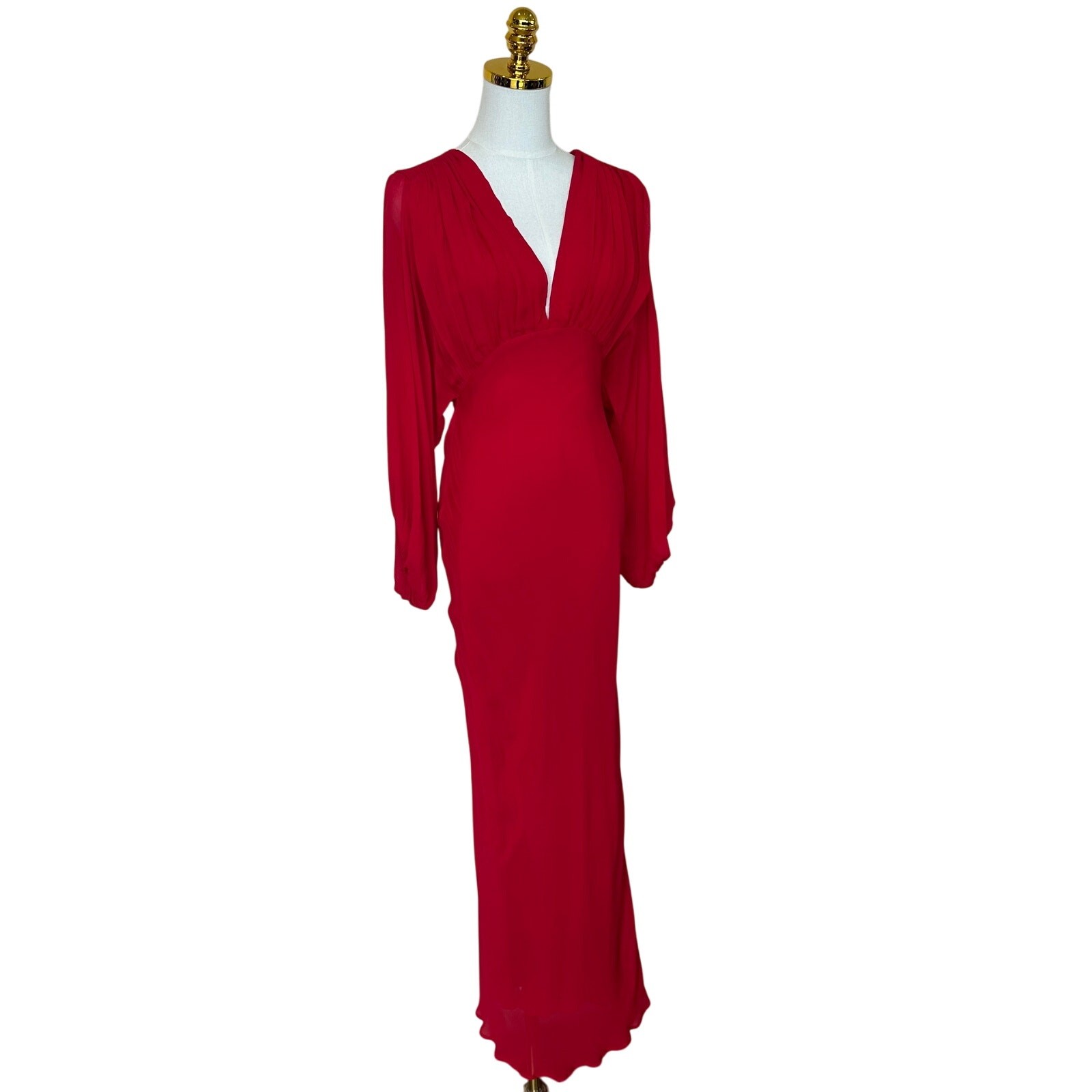 Shona Joy Red Plunging Chiffon Gown SIZE 0 Formal Draped Maxi Dress $440 Flaw