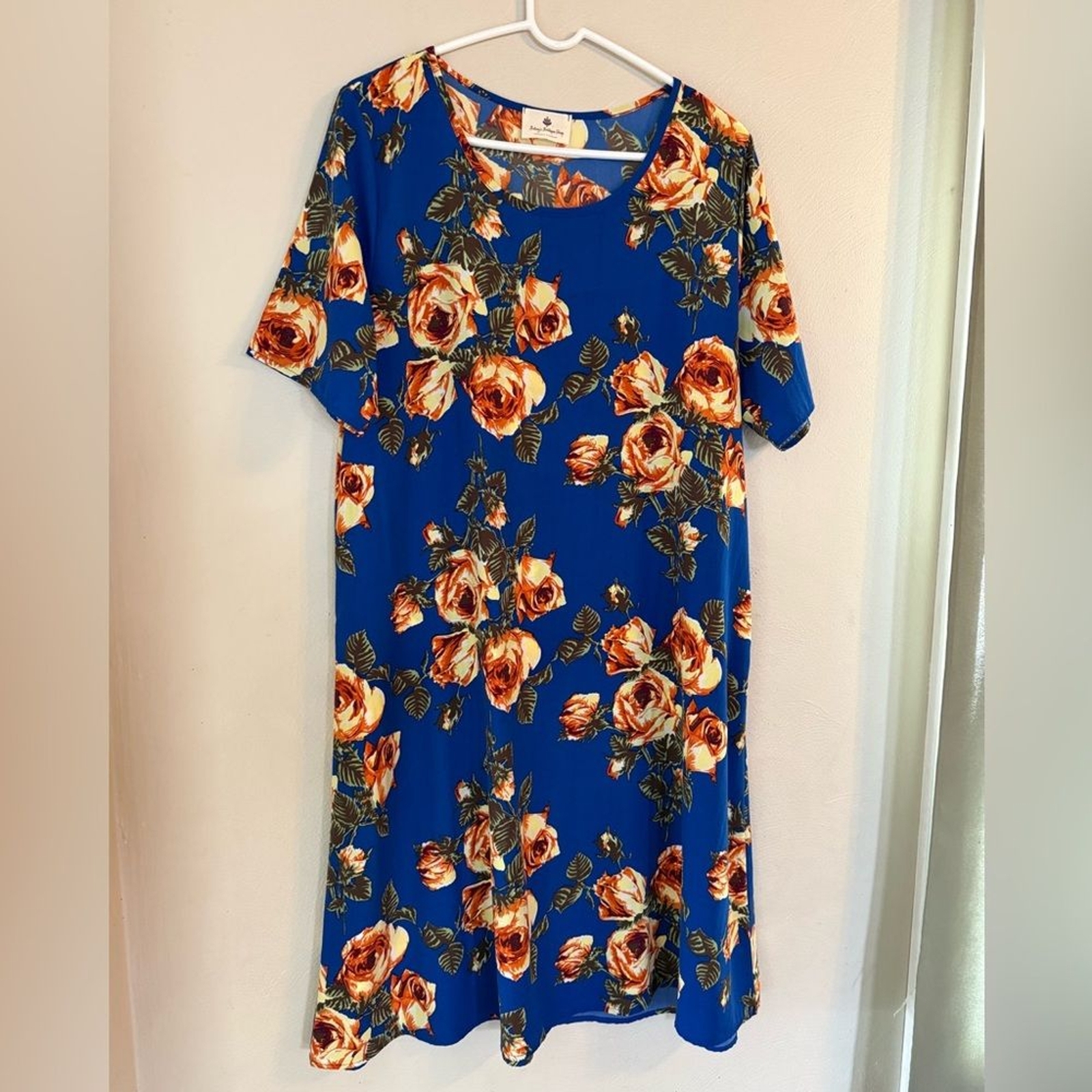 Betseys Boutique Shop floral Midi dress womens XL blue roses boho bright Easter