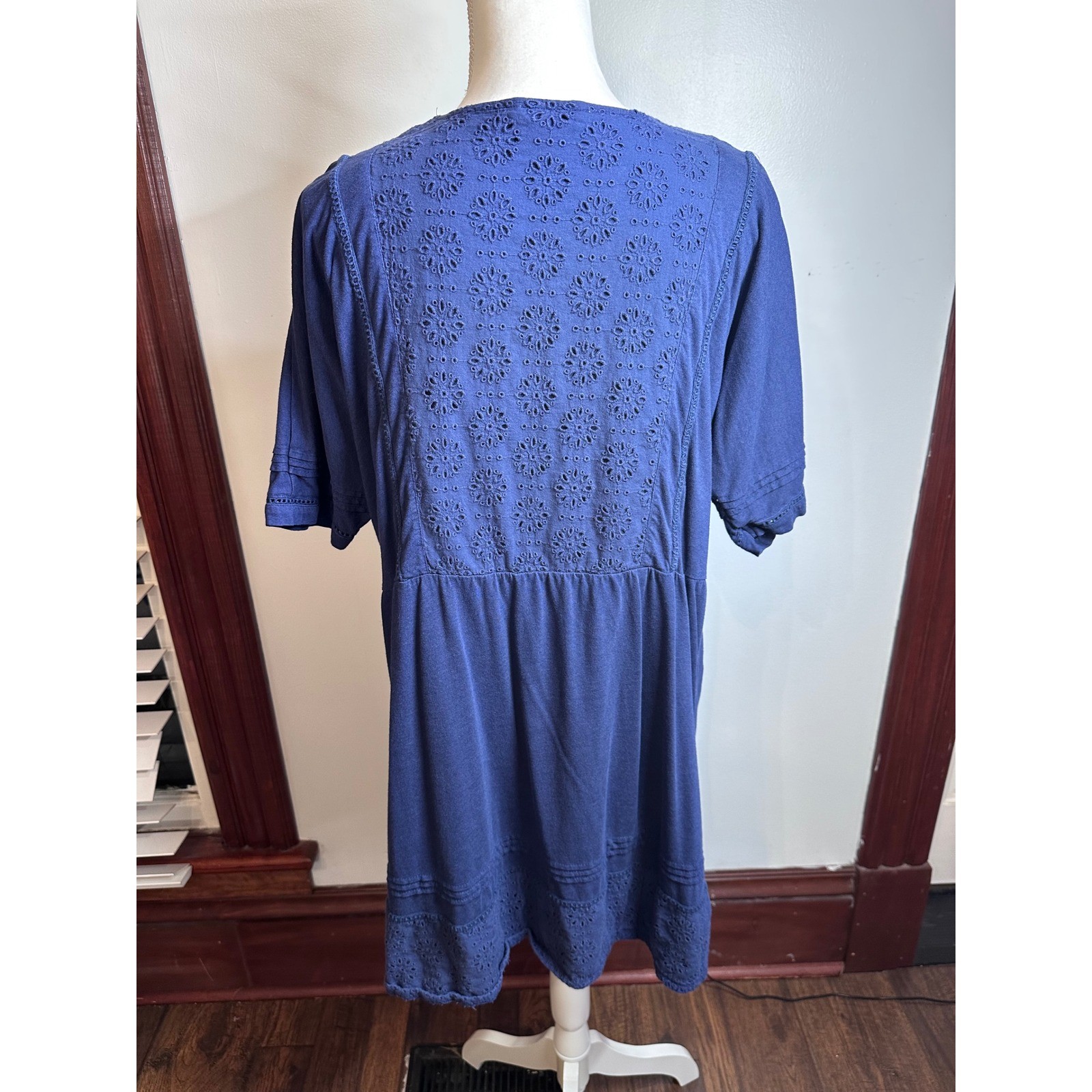 Sweet Magnolia Navy Blue Eyelet Embroidered Short Sleeve Shift Dress Womens XL