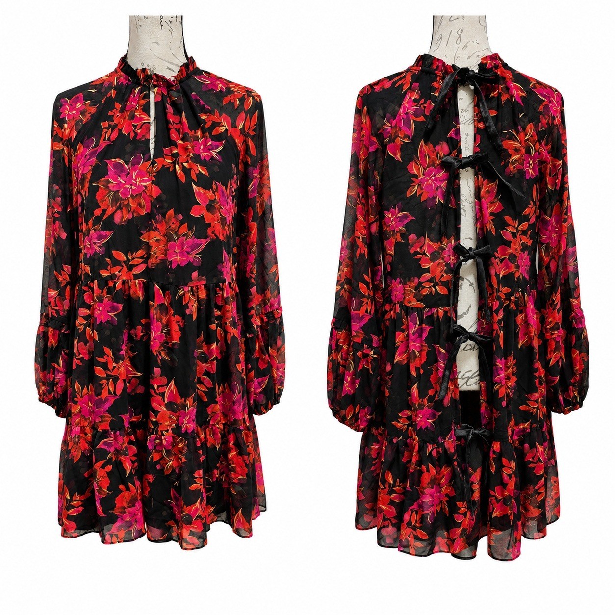 Vince Camuto Red Floral Open Back Tie Mini Dress Black Gold Metallic Small