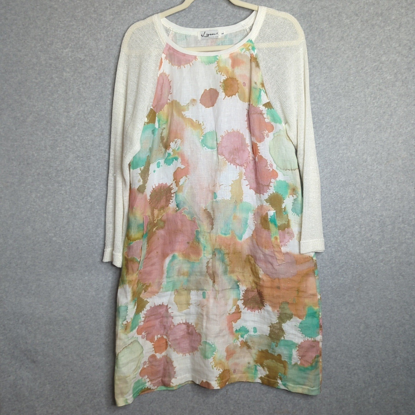 iLinen Watercolor Print Linen Dress L Knit Sleeves Long Sleeve Resort Coastal
