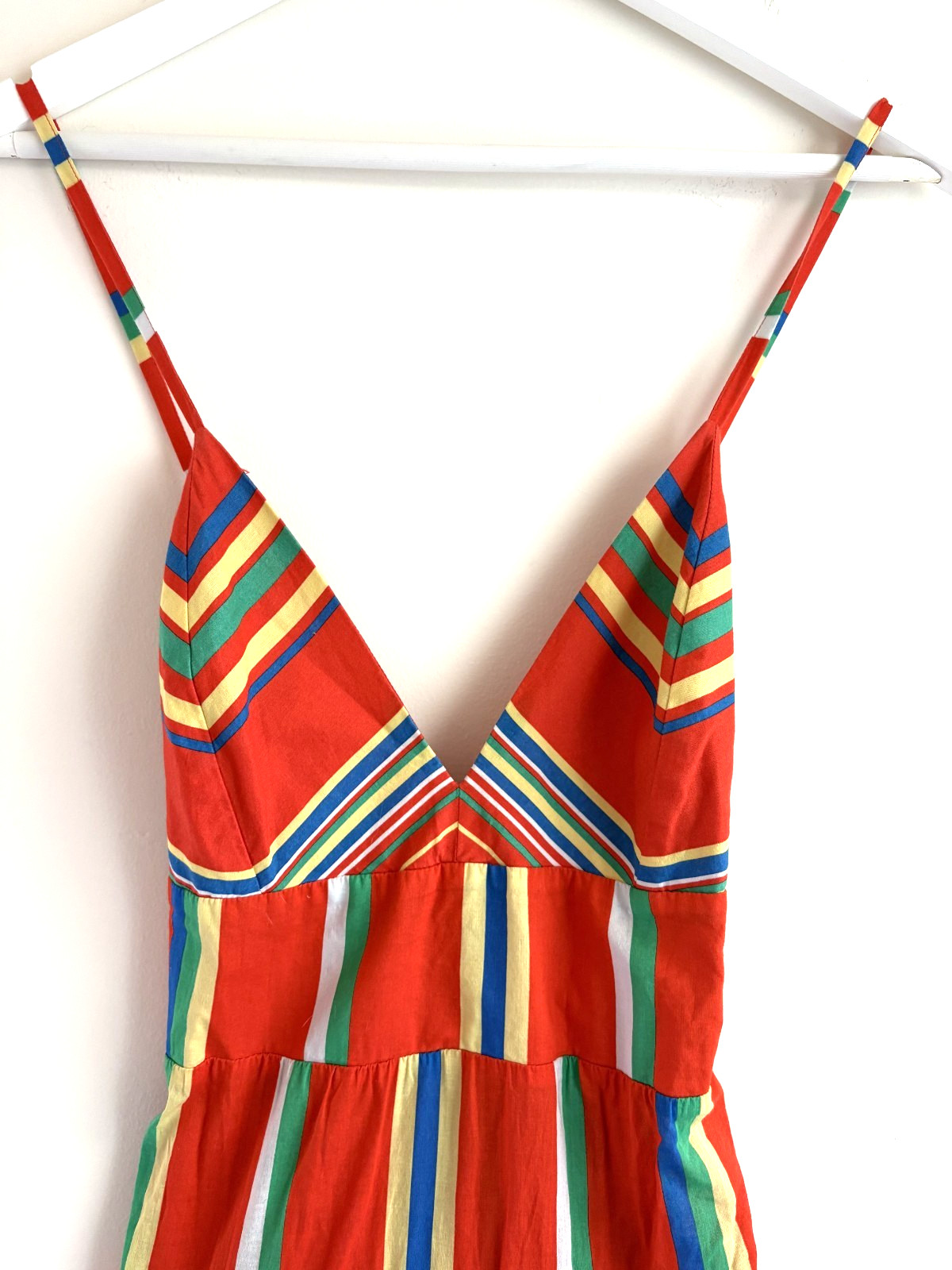 J Crew Red Multicolor Striped Tiered Cotton Maxi Dress V-Neck Boho Sundress Sz S