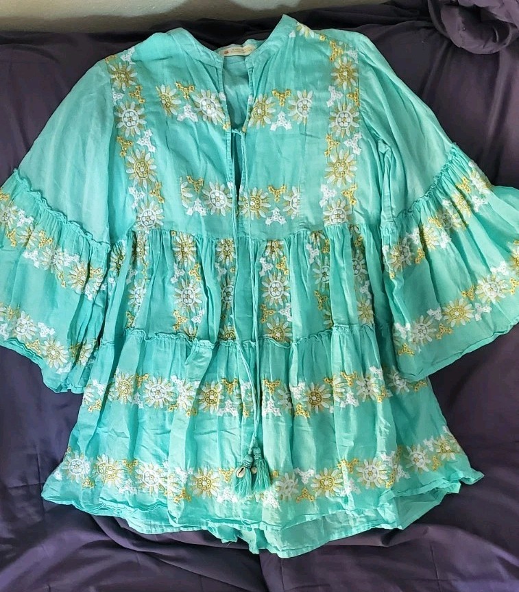 Blanco de Ibiza Aqua Cotton Embroidered Tiered Mini Dress Boho Coastal Sz S