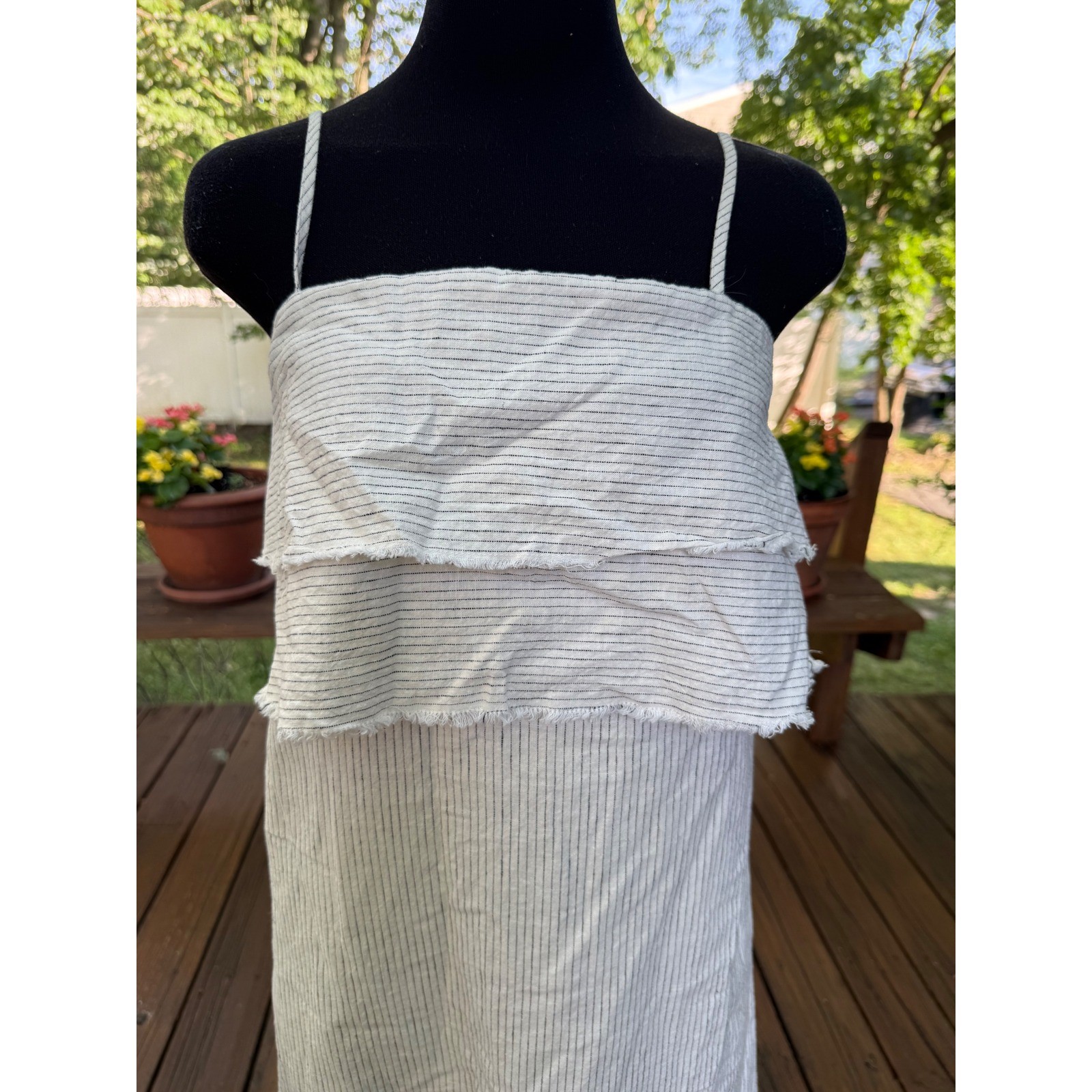 Zara Basic Z1975 Denim Pinstripe Linen Blend Ruffle Midi Dress Blue White Small