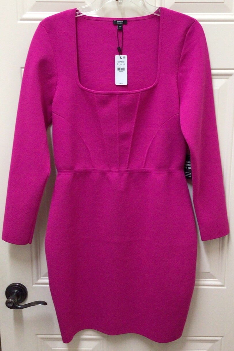 NWT Express Neon Berry Pink Body Contour Scoop Neck Dress Size L