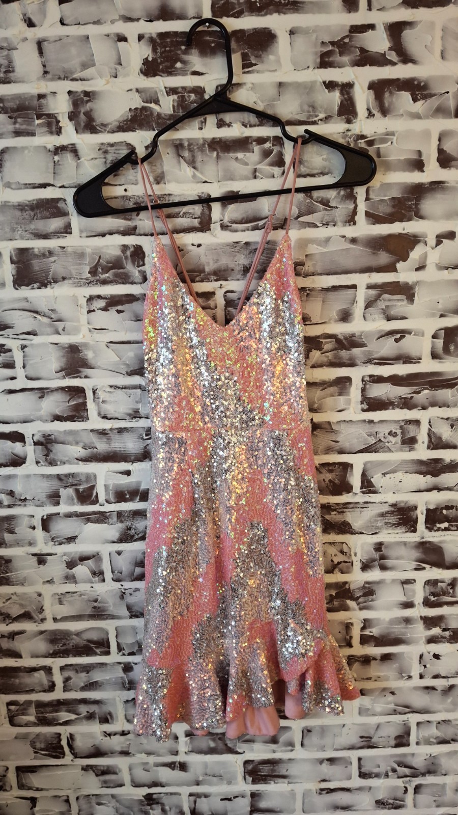 New Hello Molly Size 8 Pink Silver Sequin Dress Crossback Spaghetti Straps Mini