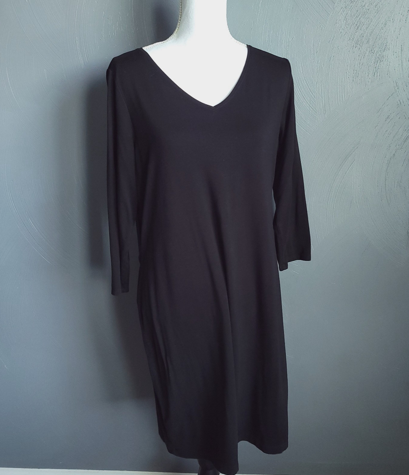 EILEEN FISHER Dress Womens Size LARGE Black Jersey Tencel V-Neck Long Sleeve