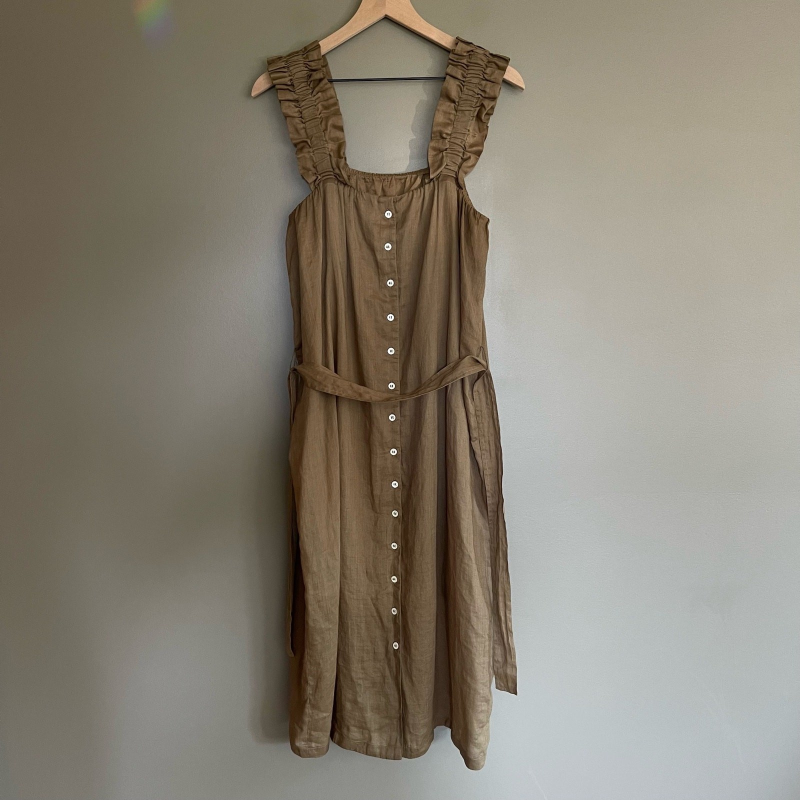 Frame Ruffle Strap Button Back Dress in Moss Size Small Khaki Green Ramie Chic