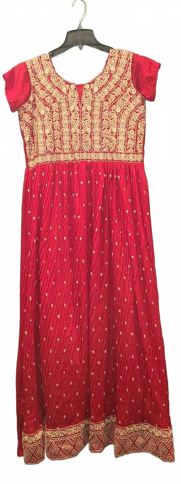 Red Embroidered Anarkali Dress with Gold Detailing and Tassel Back Tie