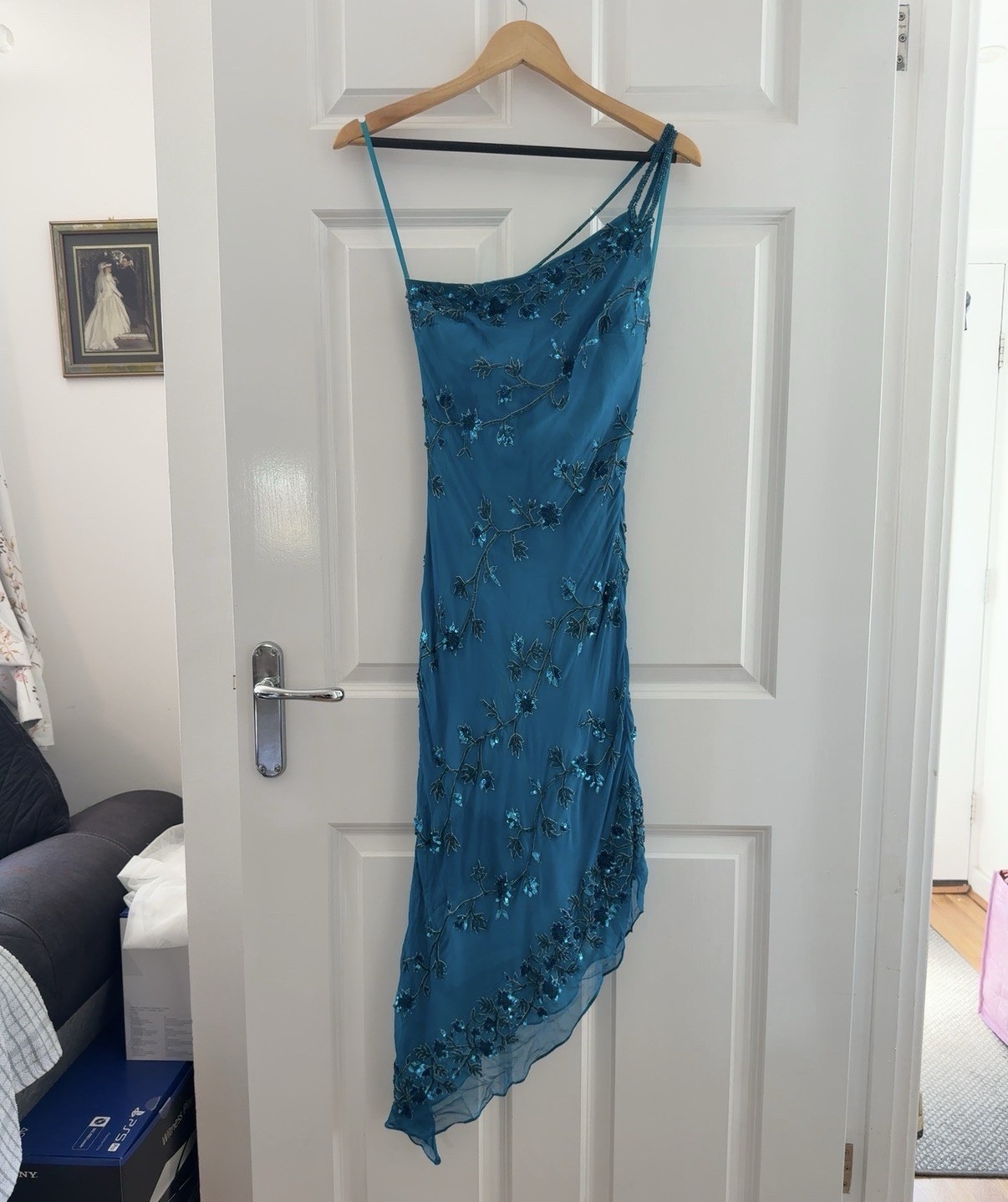 Vtg Cache Turquoise Embellished 100% Silk Asymmetric Fairy Midi/ Maxi Dress US 4