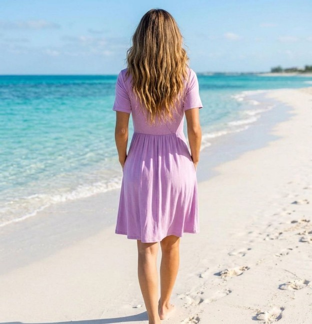 Lavender Purple Plunge V Surplice Neckline Short Sleeve Flowy Fit & Flare Dress
