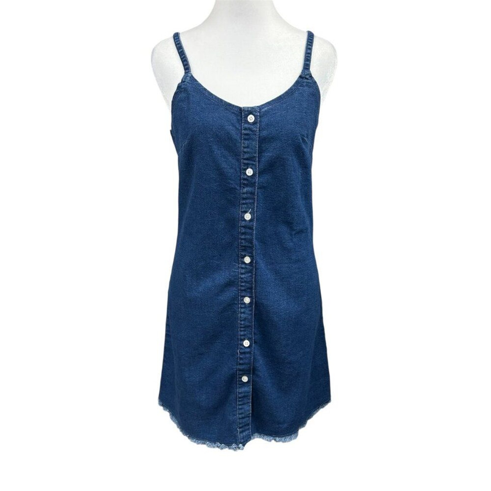 Denim Button Spaghetti Strap Mini Dress Sz Large