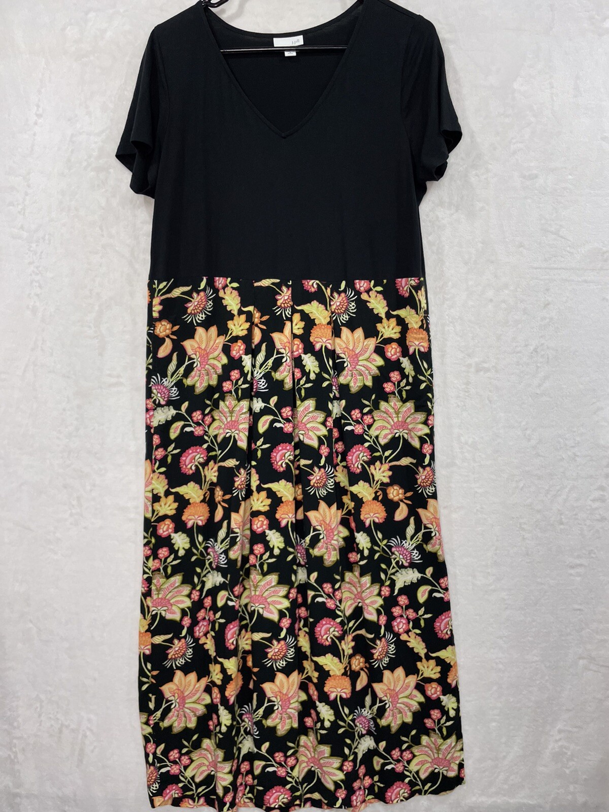J Jill Maxi Dress M Floral bottom Black Top Side Slit Short Sleeve Pockets NEW