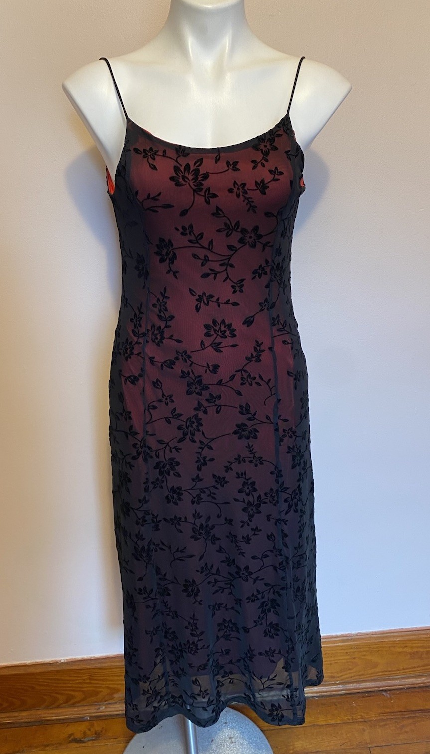Romwe Goth Red Black Sheer Mesh Dress Spaghetti Strap Velvet Floral Accents S