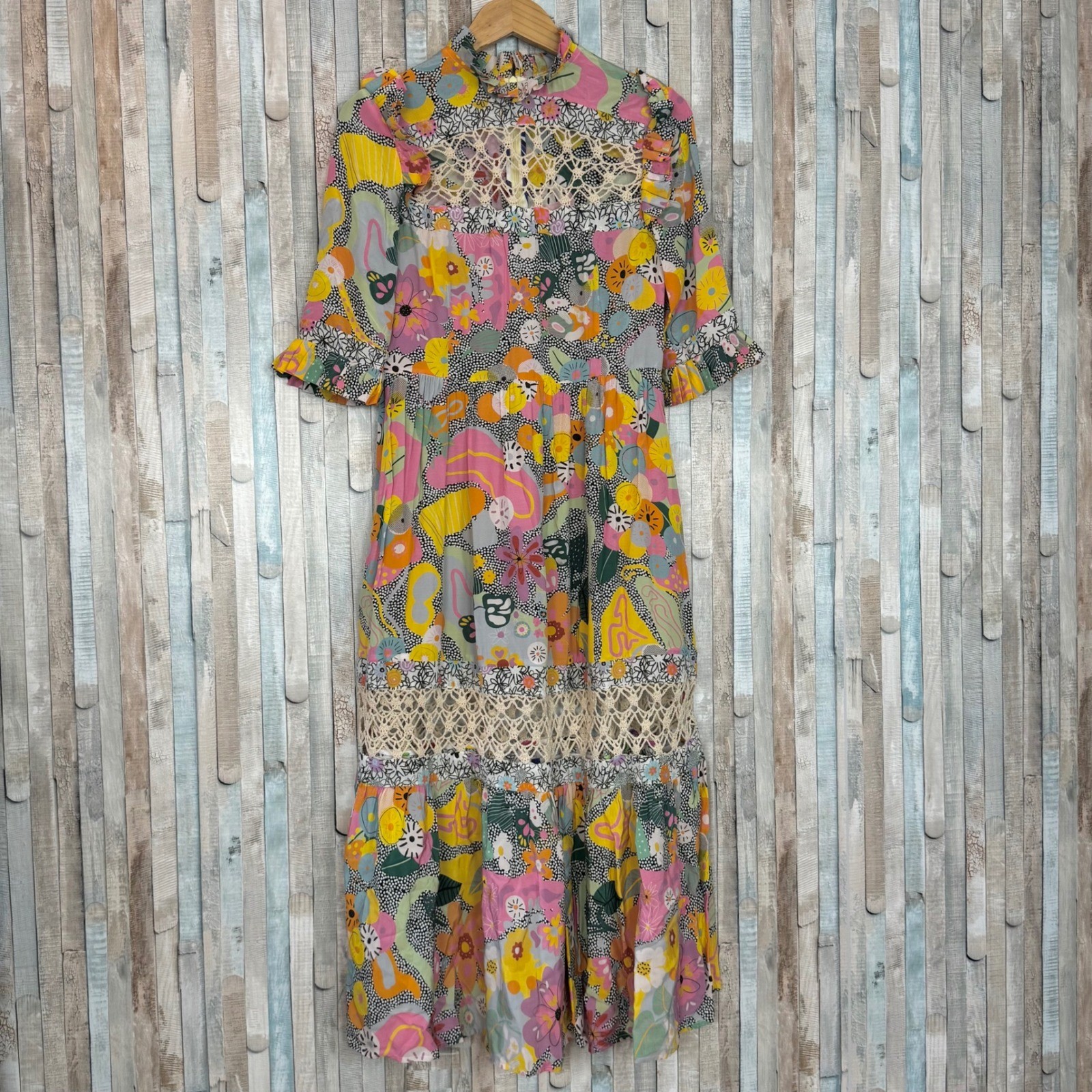 Celia B Sunny Dress Colorful Floral Crochet Lace High Ruffle Neck Tiered Midi M