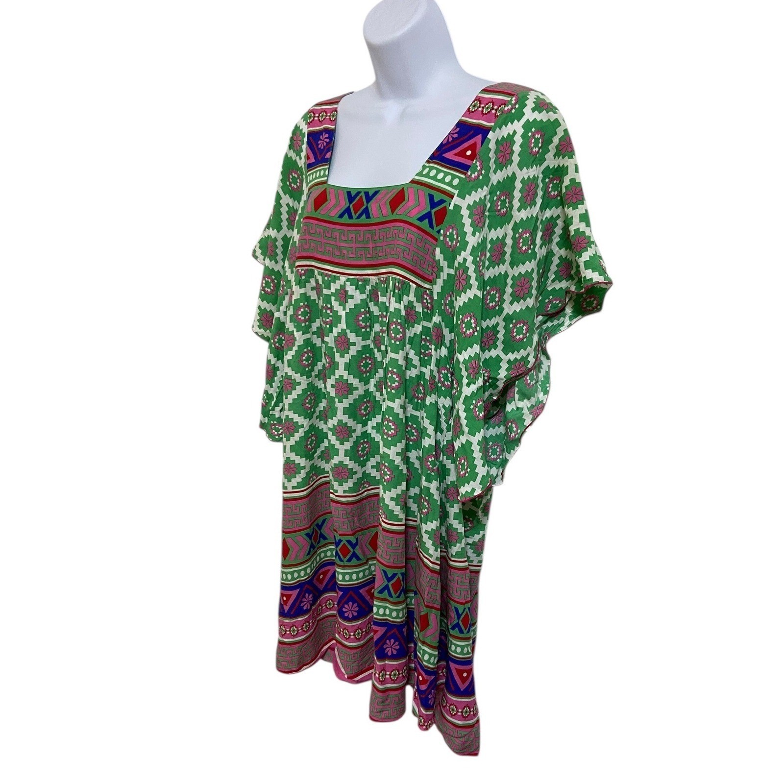 Feather & Find Boho Luxe 100% Bamboo Green Geometric Print Mini Dress M Bali