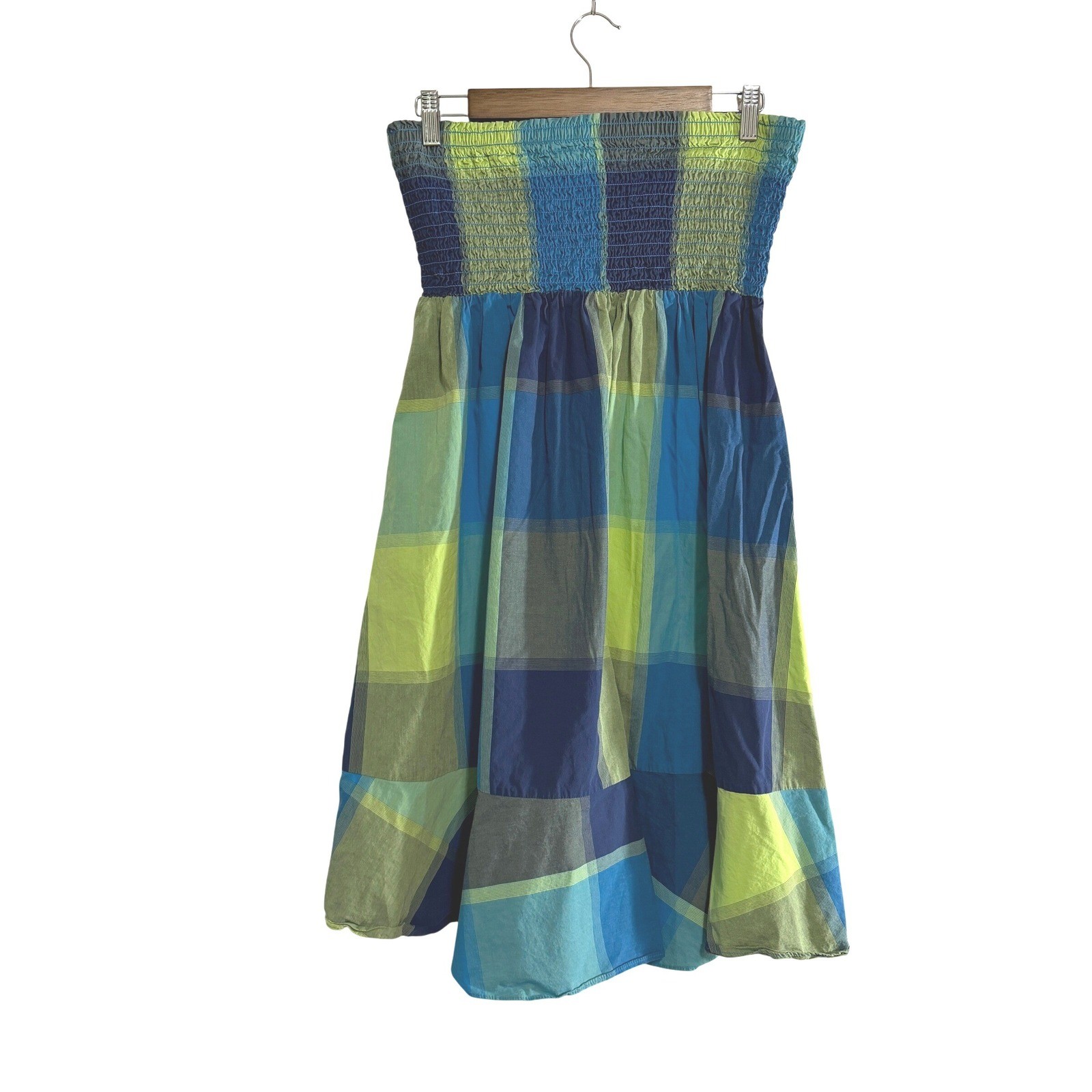 Route 66 Women XL Plaid Strapless Smocked Tube Dress Blue Green Cotton Summer