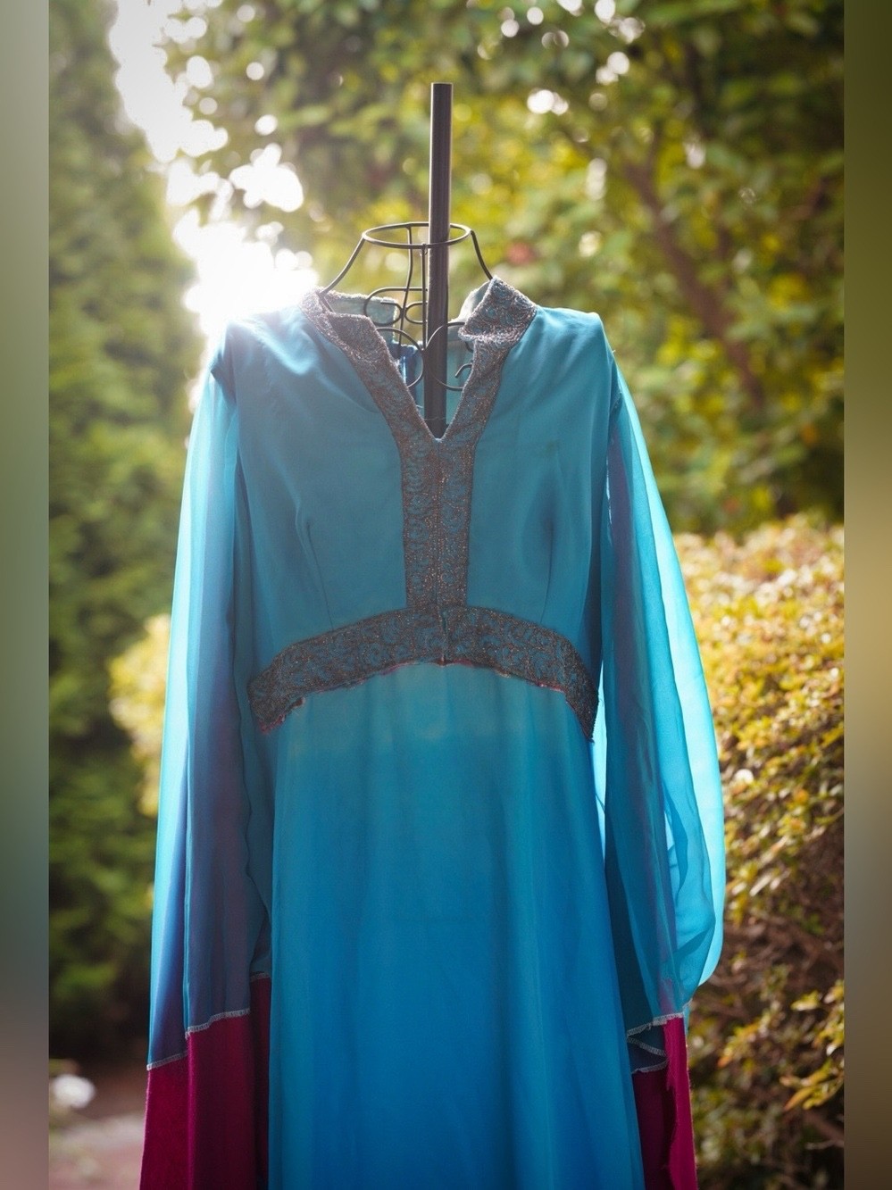 Turquoise Blue Beaded Kaftan Caftan Dress Long Sleeve Formal Boho M/L