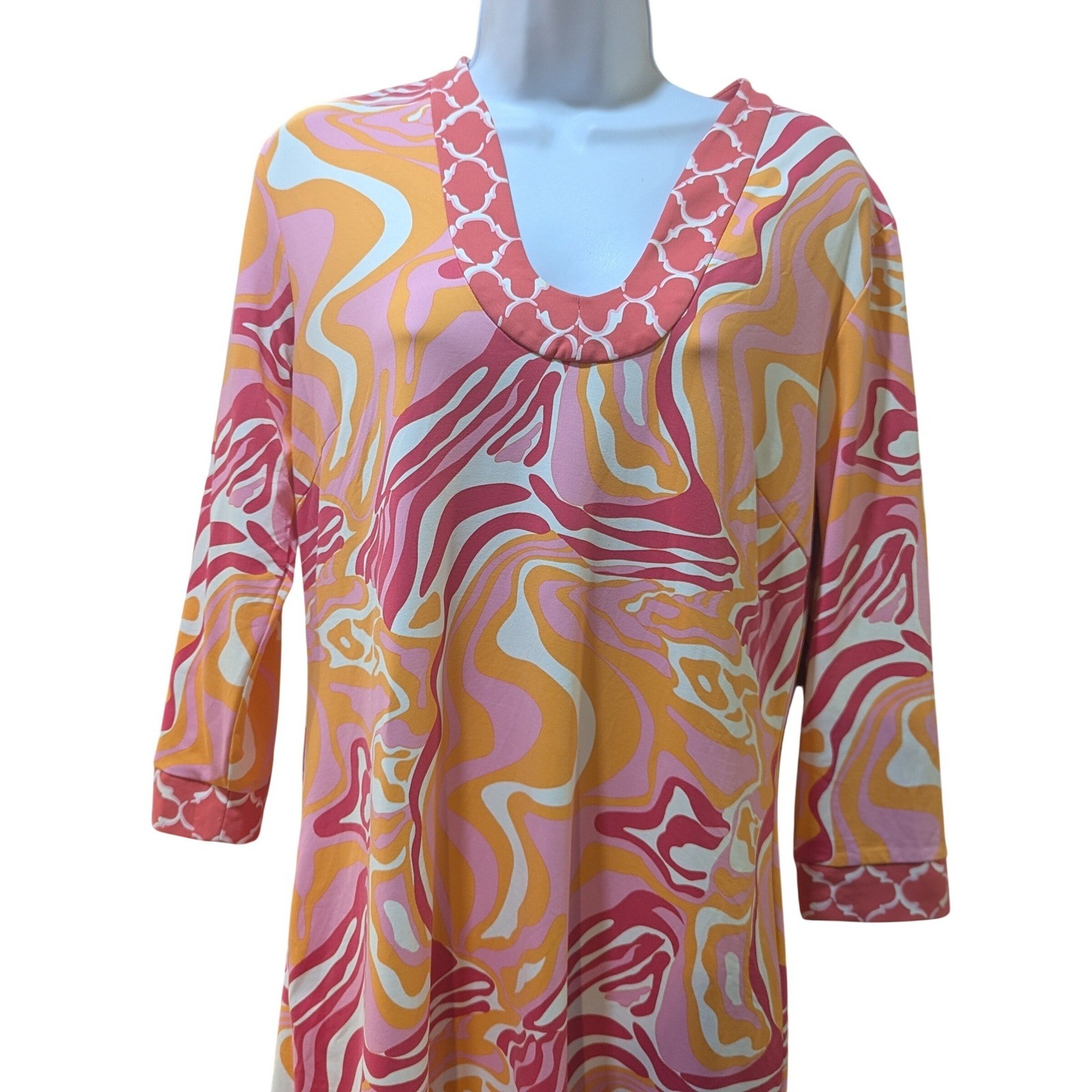 J.McLaughlin Scoop-Neck Tunic Dress Pink Orange Psychedelic Marble Print Large