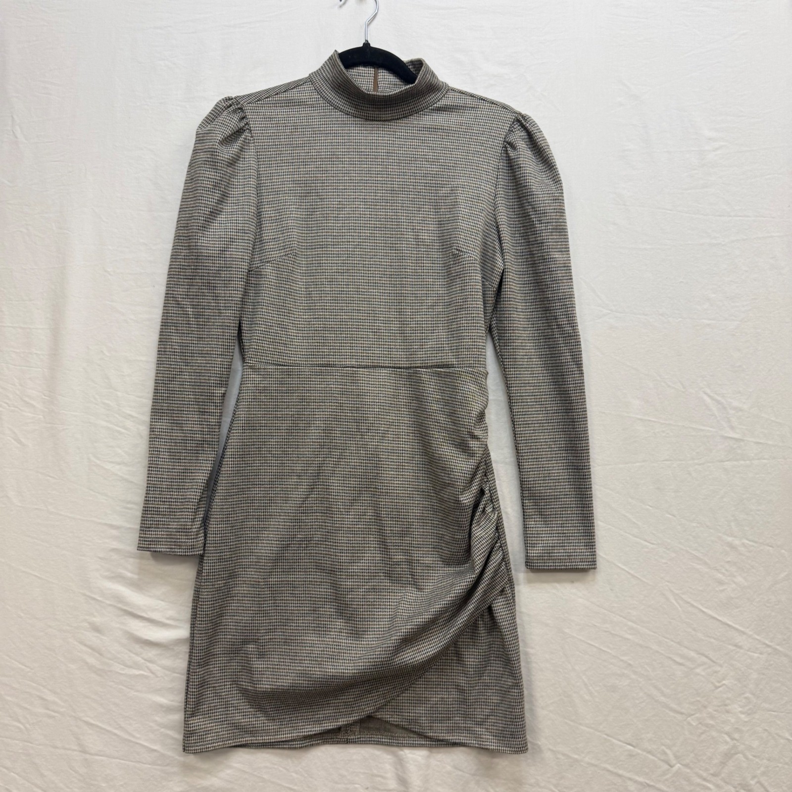 Forever 21 Houndstooth Neck Ruched Mini Dress Grey Black Brown Long Sleeve M