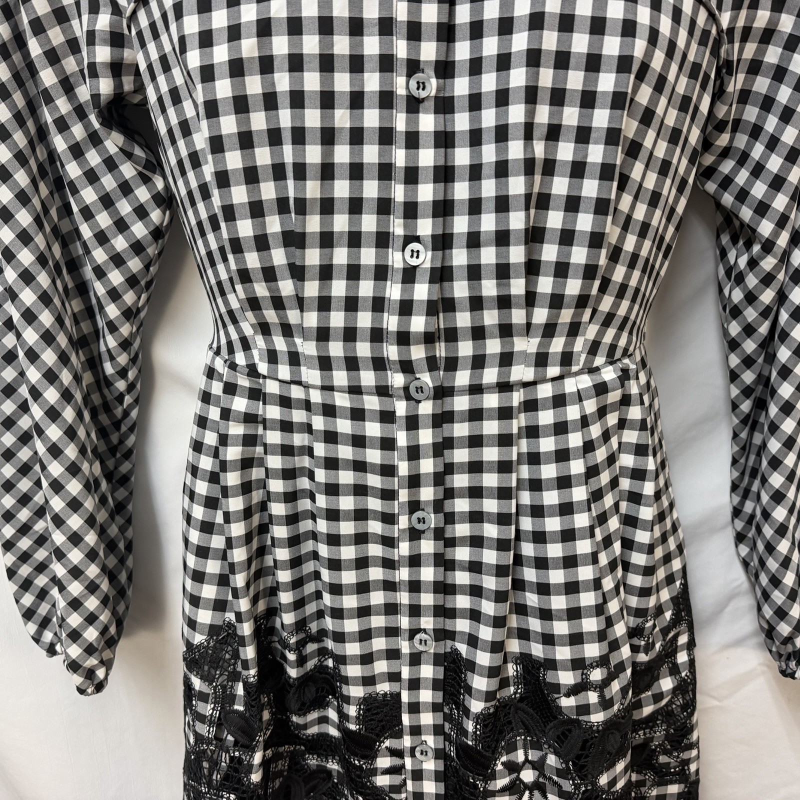 NEW PEARL BY LELA ROSE BLACK WHITE CHECK FLORAL EMBROIDERED BUTTON FRONT DRESS 0