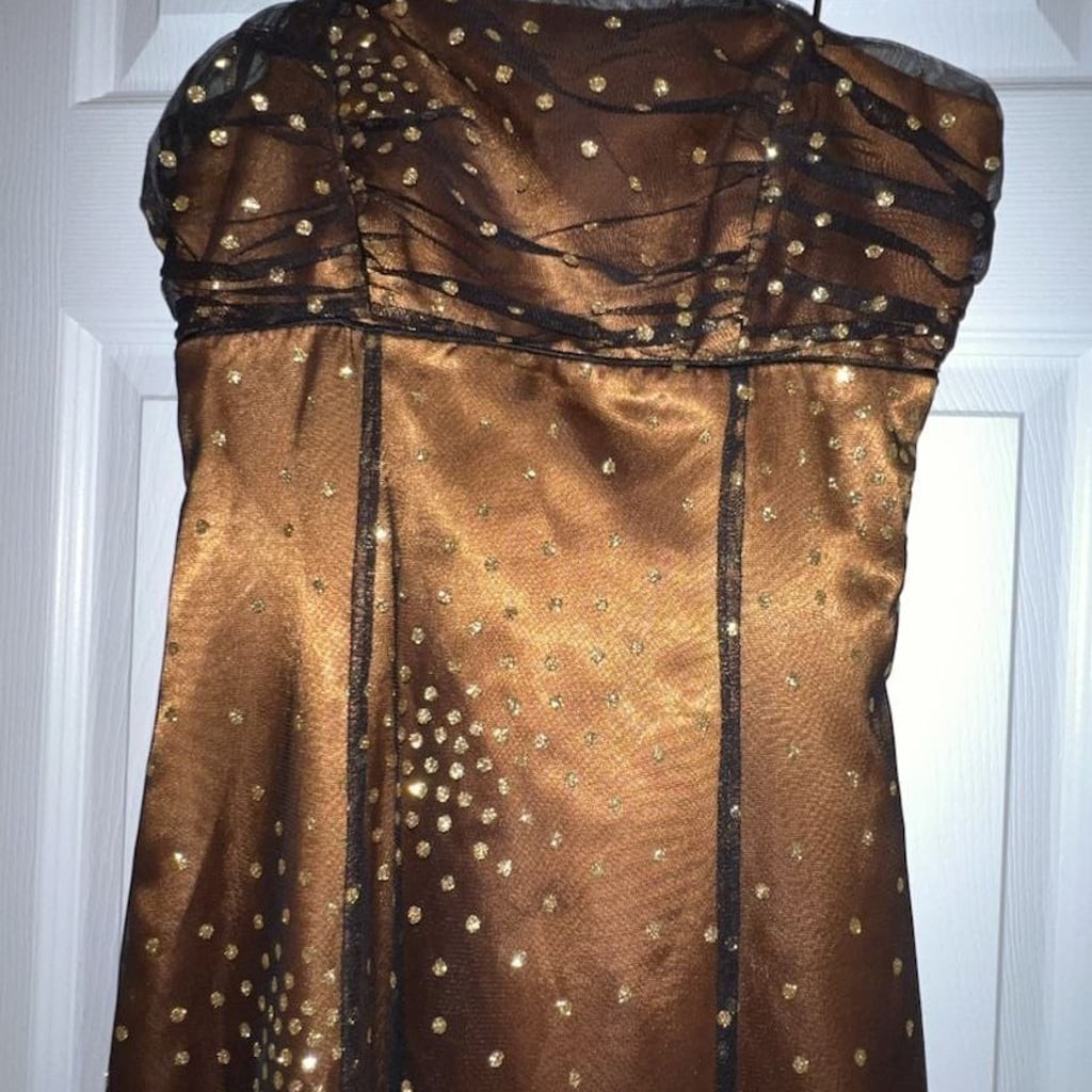 Morgan and Co Metallic Gold Polka Dot Sheer Overlay Corset Back Gown
