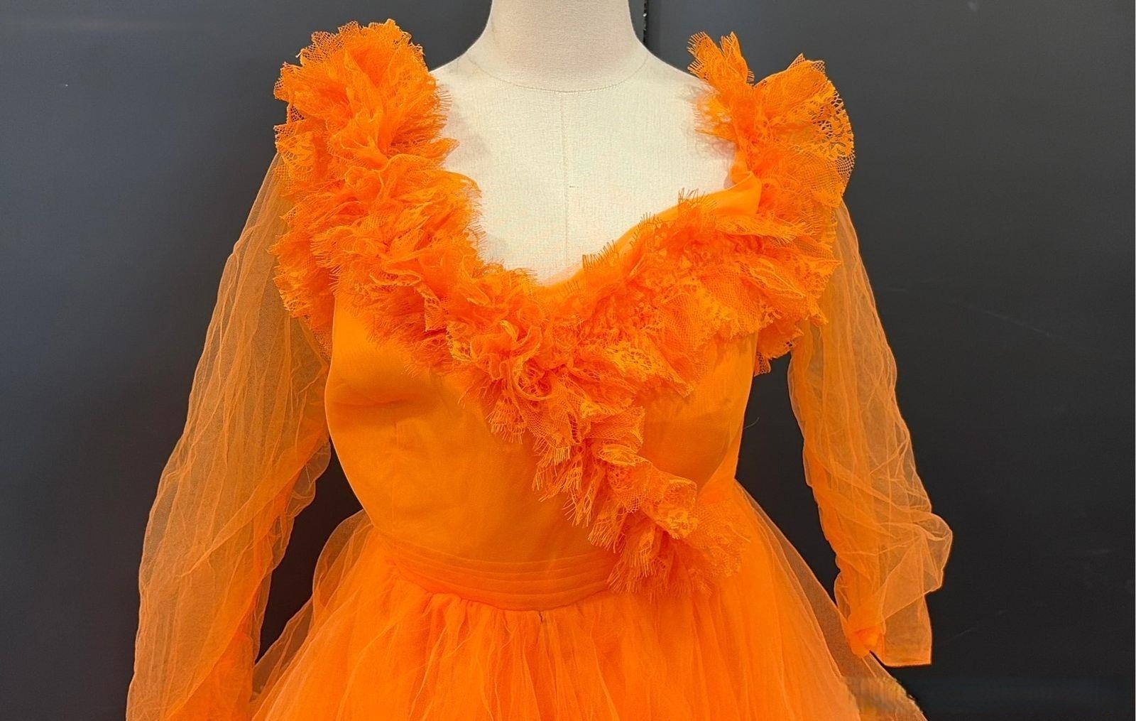 Oyemwen Orange Tulle Ruffle Tiered Gown Sheer Long Sleeve Smocked Maxi Dress NWT