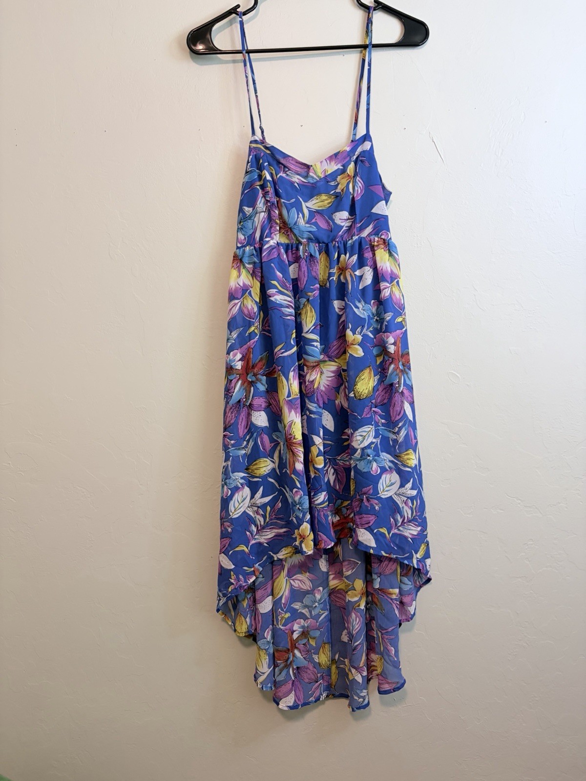 Love Chesley Blue Floral Hi-Low Chiffon Slip Dress L V-Neck Lined