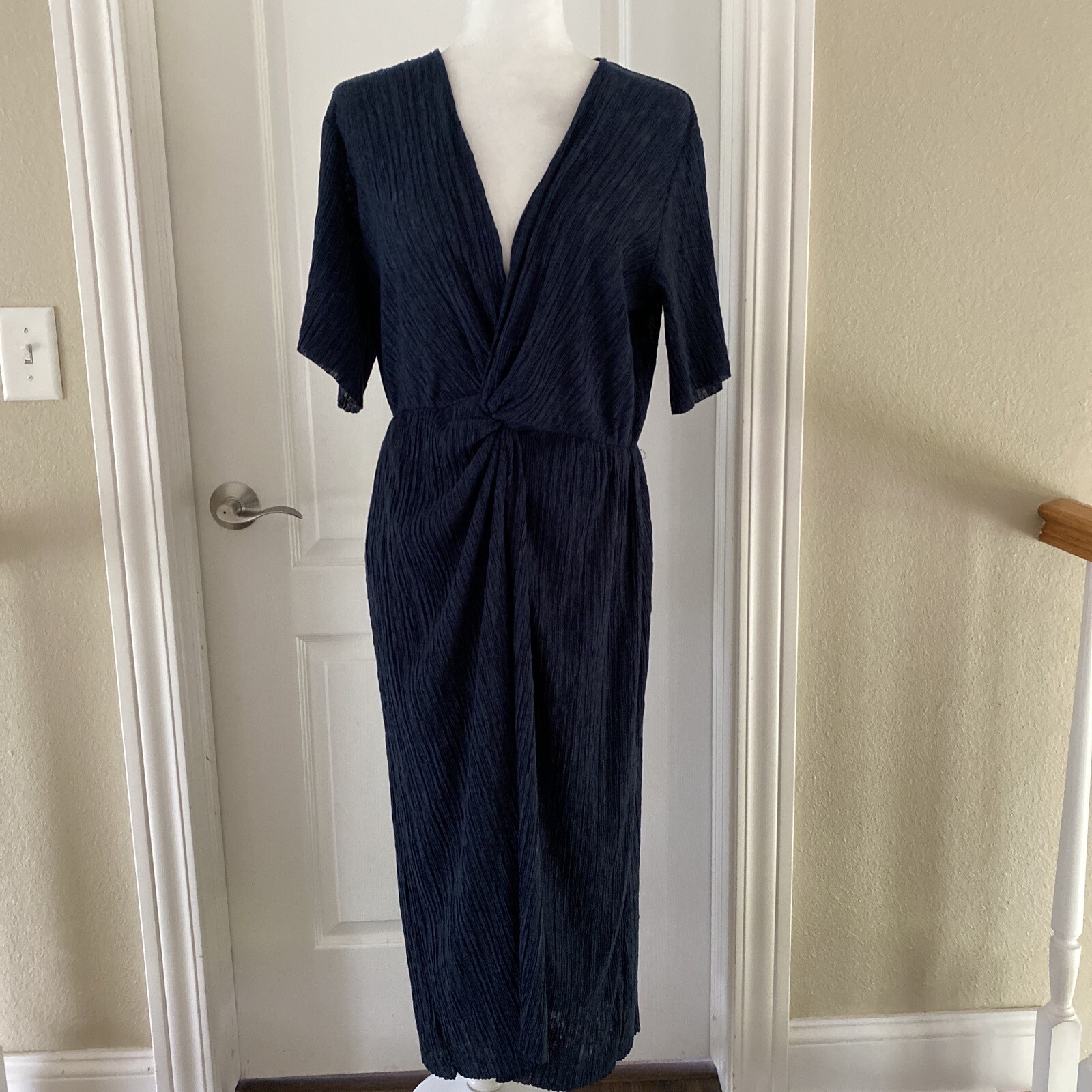 All In Favor NEW Navy Blue Peacoat Dolman Midi Dress Womens Small Faux Wrap C7