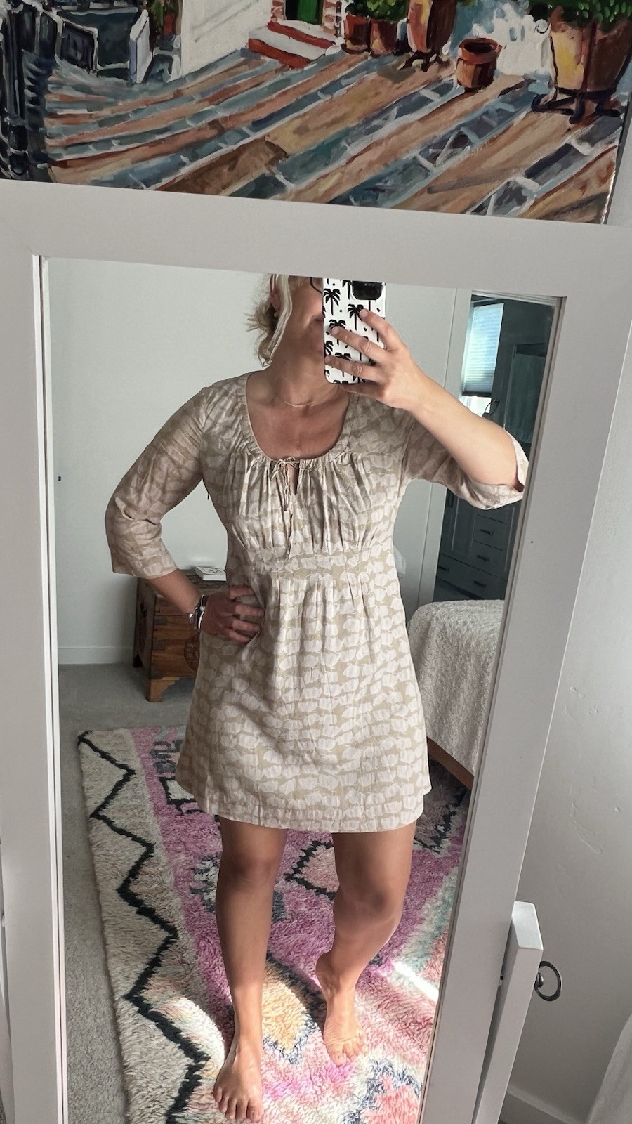 InWear Beige Floral Scoop Neck 3/4 Sleeve Knee Length Dress Womens 8
